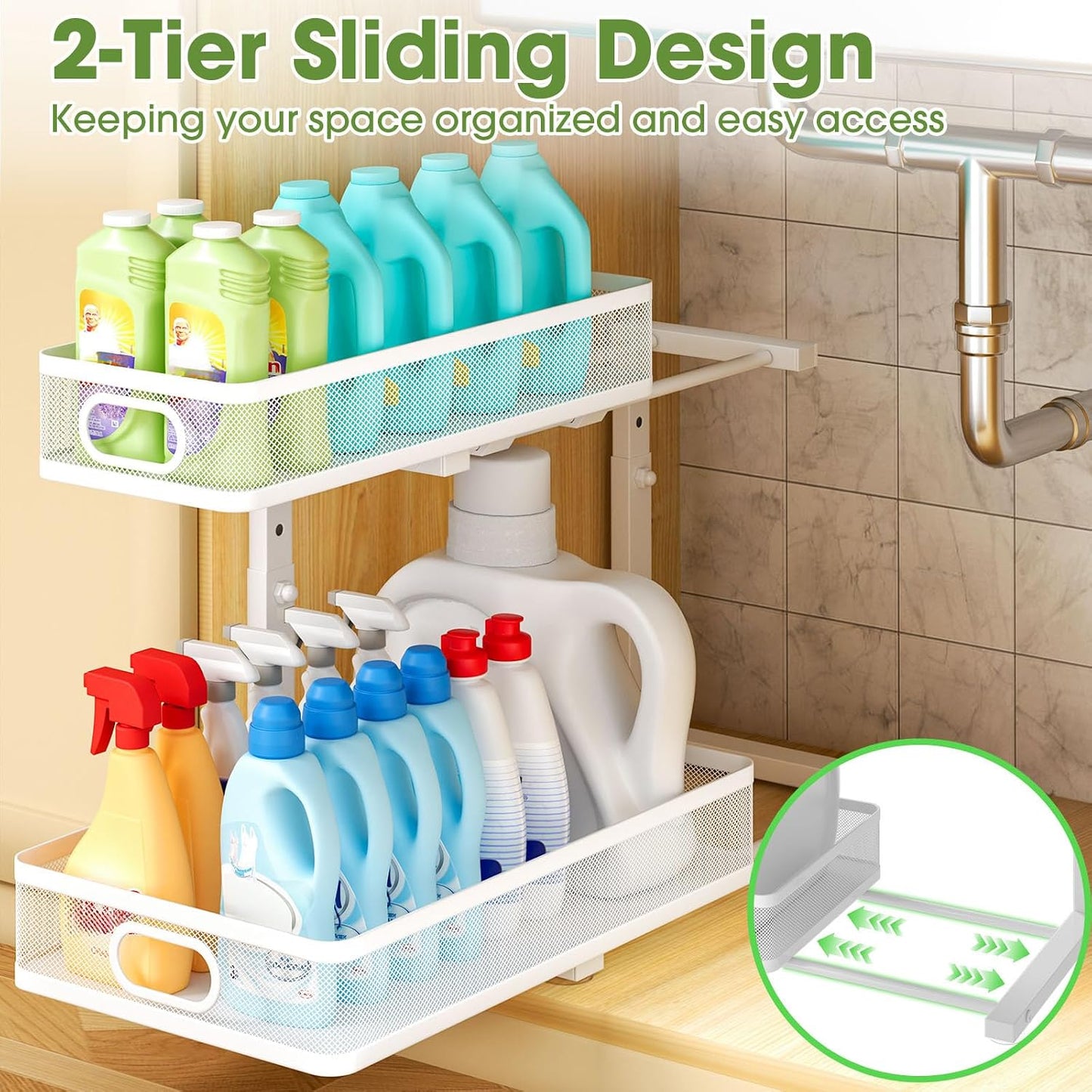 Under Sink Organizer 2-Pack, Metal 2-Tier Pull-Out Cabinet Shelf with Slide-Out Mesh Drawers, Height Adjustable, Space-Saving Under Sink Storage Racks for Kitchen, Bathroom, Laundry Room