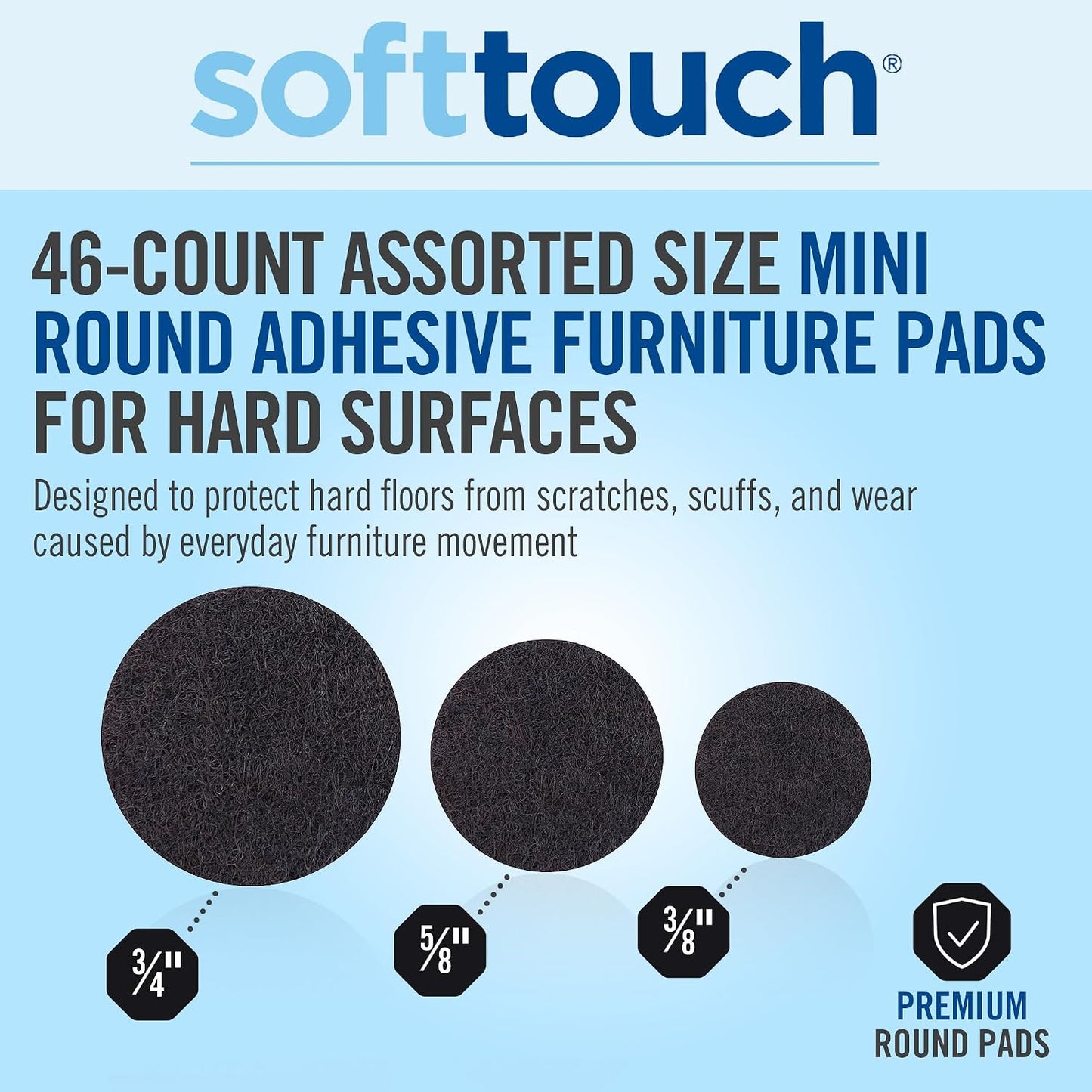 SoftTouch 1.5" Round Reusable Felt Furniture Sliders for Hard Surfaces, Noise-Reducing Adhesive Moving and Protective Pads for Cabinets, Chairs, Tables & Decorative Items Set of 48, Brown