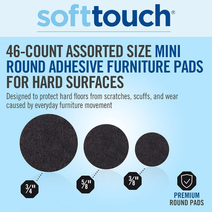 SoftTouch 1.5" Round Reusable Felt Furniture Sliders for Hard Surfaces, Noise-Reducing Adhesive Moving and Protective Pads for Cabinets, Chairs, Tables & Decorative Items Set of 48, Brown