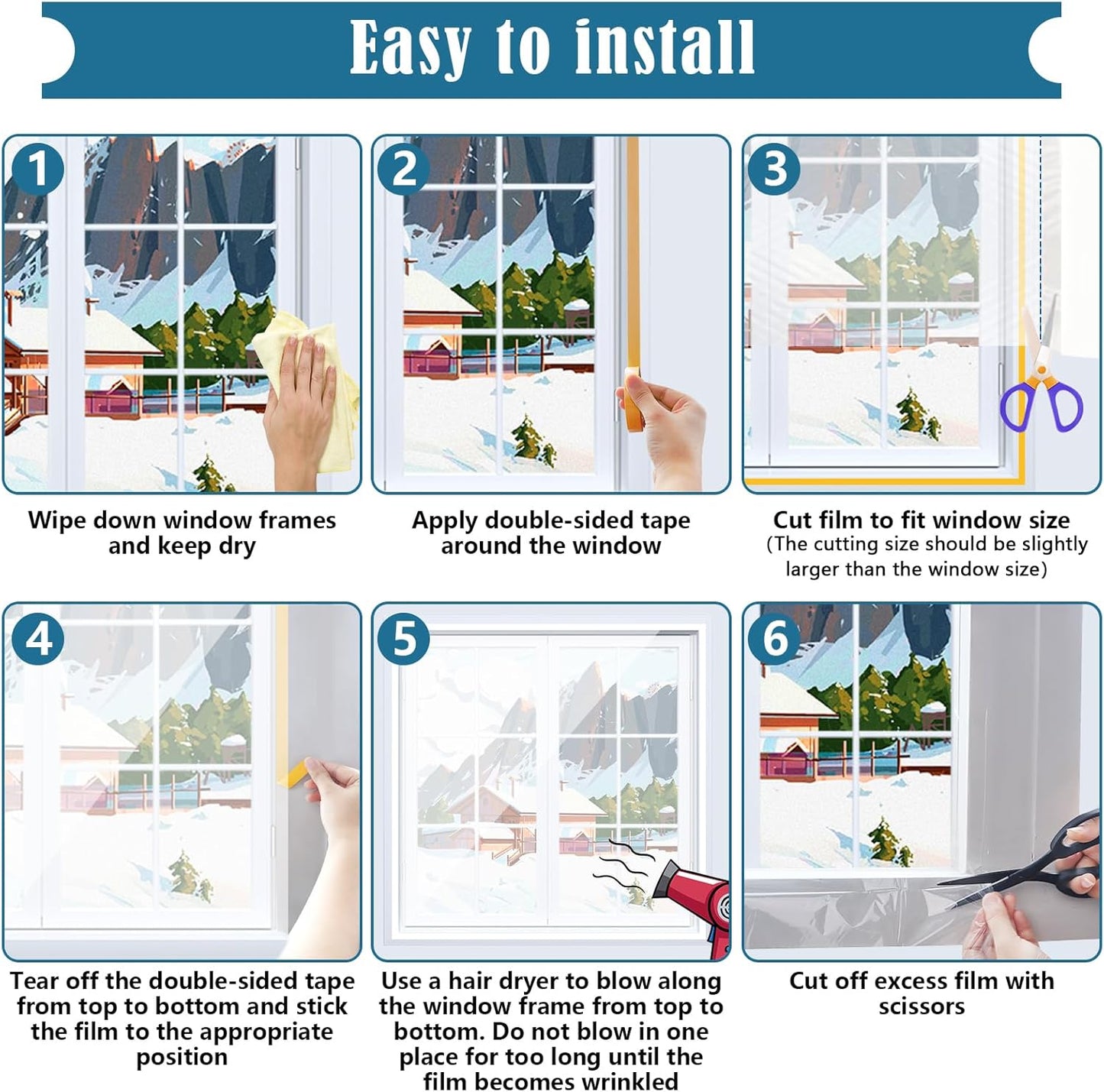 Window Insulation Kit, 63 × 394 Inch Plastic Window Coverings for Winter, Thicken Window Shrink Film Insulator Kit Windows Waterproof Winterizing with 5 Double-Sided Tape for 10 Pcs 3 x 5 Ft Windows