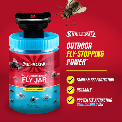 Catchmaster Reusable Outdoor Fly Trap, 2 Hanging Blue Jars with Bait | Catches All Species of Fly, Fly Traps Outdoor w/ Food-based lure, Odor Attracts Flies Away From People, Refill & Reuse