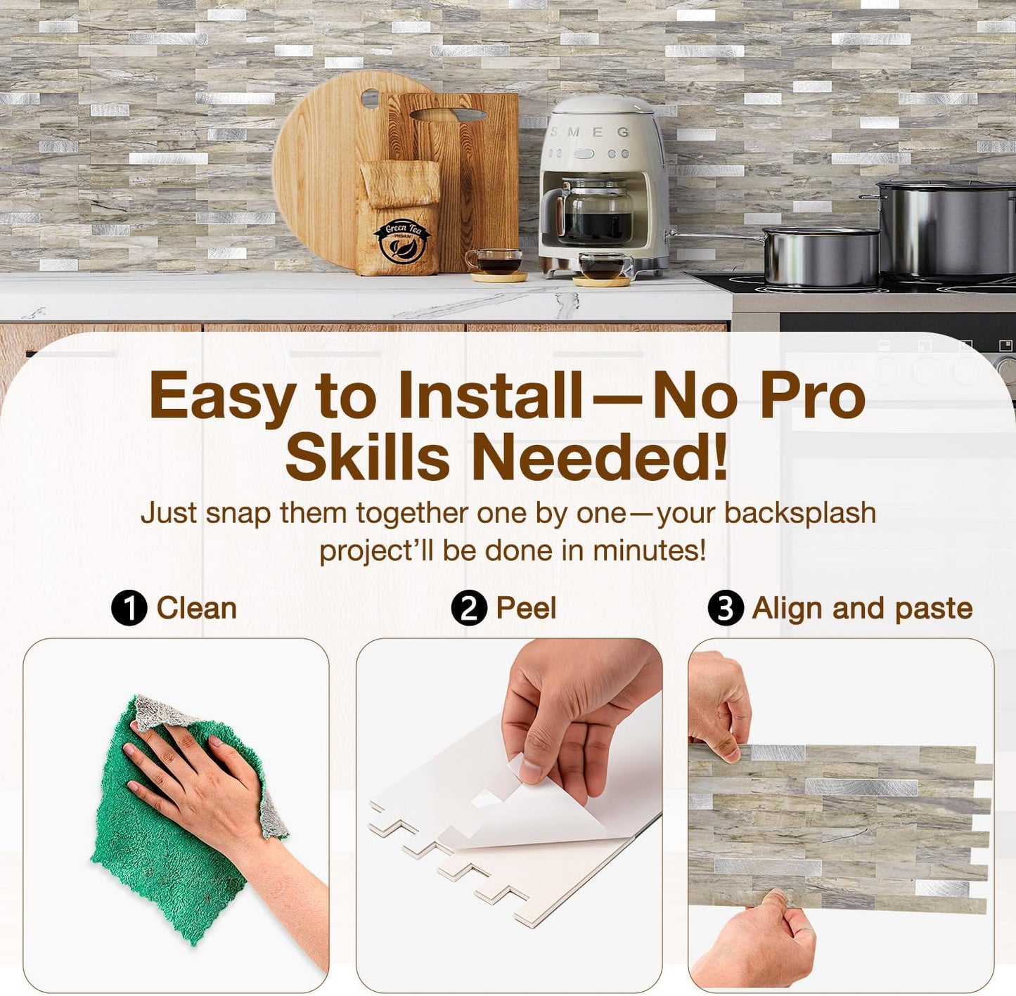 Peel and Stick Backsplash Tile Waterproof Removable PVC Wall Sticker 3D Faux Stone Marble Brick White Accent Panels (White Marble - Metal Silver, 20 Tiles - 9 sq. ft. (0.84 M²))