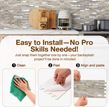 Peel and Stick Backsplash Tile Waterproof Removable PVC Wall Sticker 3D Faux Stone Marble Brick White Accent Panels (White Marble - Metal Silver, 20 Tiles - 9 sq. ft. (0.84 M²))