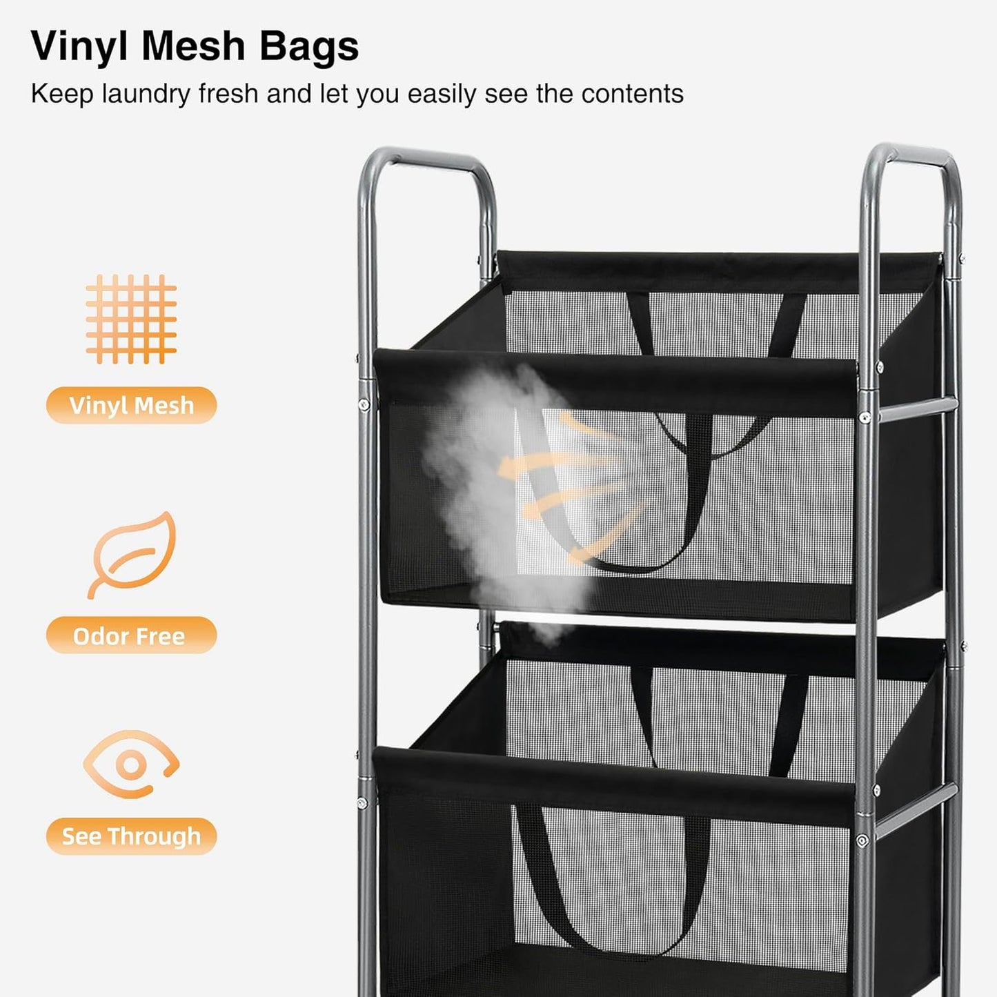 STO STO 3-Tier Vertical Laundry Hamper with Wheels, 120L Rolling Laundry Sorter with 3 Removable Breathable Mesh Bags, Rust-Resistant Steel Frame for Small Spaces, Apartment, Dorm, Black Mesh