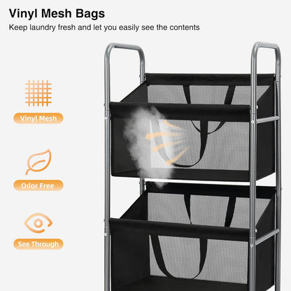 STO STO 3-Tier Vertical Laundry Hamper with Wheels, 120L Rolling Laundry Sorter with 3 Removable Breathable Mesh Bags, Rust-Resistant Steel Frame for Small Spaces, Apartment, Dorm, Black Mesh