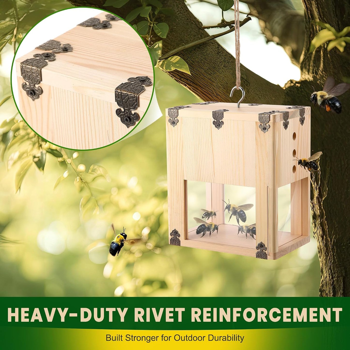 1 Pack Extra Large Carpenter Bee Trap for Outside, 2 in 1 Catch & Release Wood Bee Traps Outdoor Hanging, Timber-Fixed Expanded External Containment, Defender Trap for Bees Collection