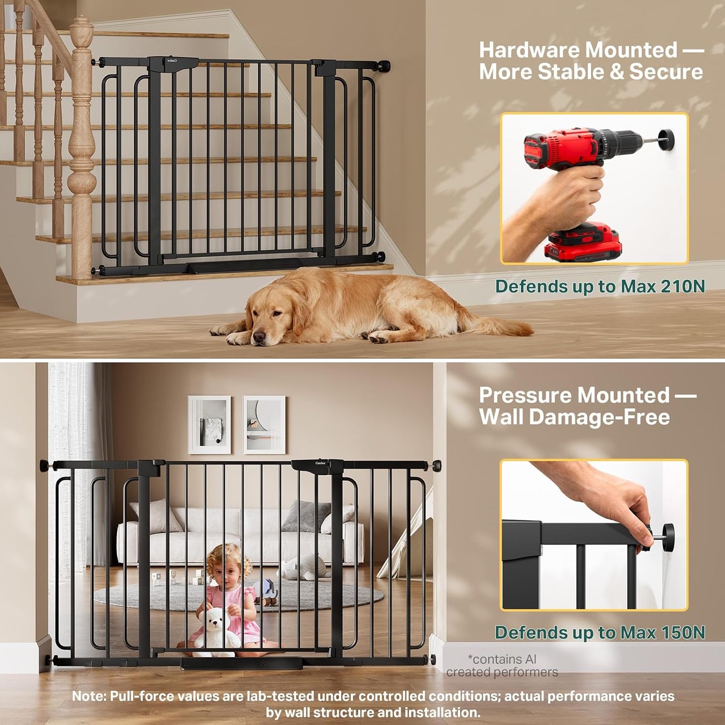 Cumbor 29.7-48" Baby Gate for Stairs, Mom's Choice Awards Winner-Dog Gate for Doorways, Auto Close Safety Pet Gate for Dogs Indoor, Easy Install Pressure Mounted Child Gate with Walk Thru Door, Brown