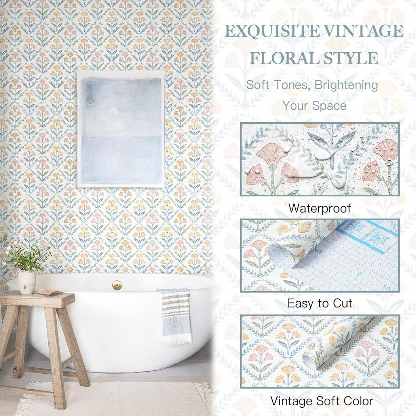 Dimoon 17.3''x78.7'' Peel and Stick Wallpaper Floral Cute Contact Paper Vintage Village Country Cottage Wallpaper Farmhouse Yellow Beige Renter Friendly Geometry Waterproof Embossed Kitchen Bedroom