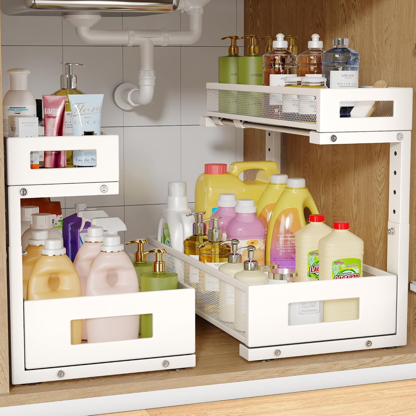 2-Pack Under Sink Storage Organizer, Large 2-Tier Elegant Mesh Pull Out Shelf for Kitchen and Bathroom Cabinet Organization, L-Shaped and Adjustable Height Design,Patent Pending-Black