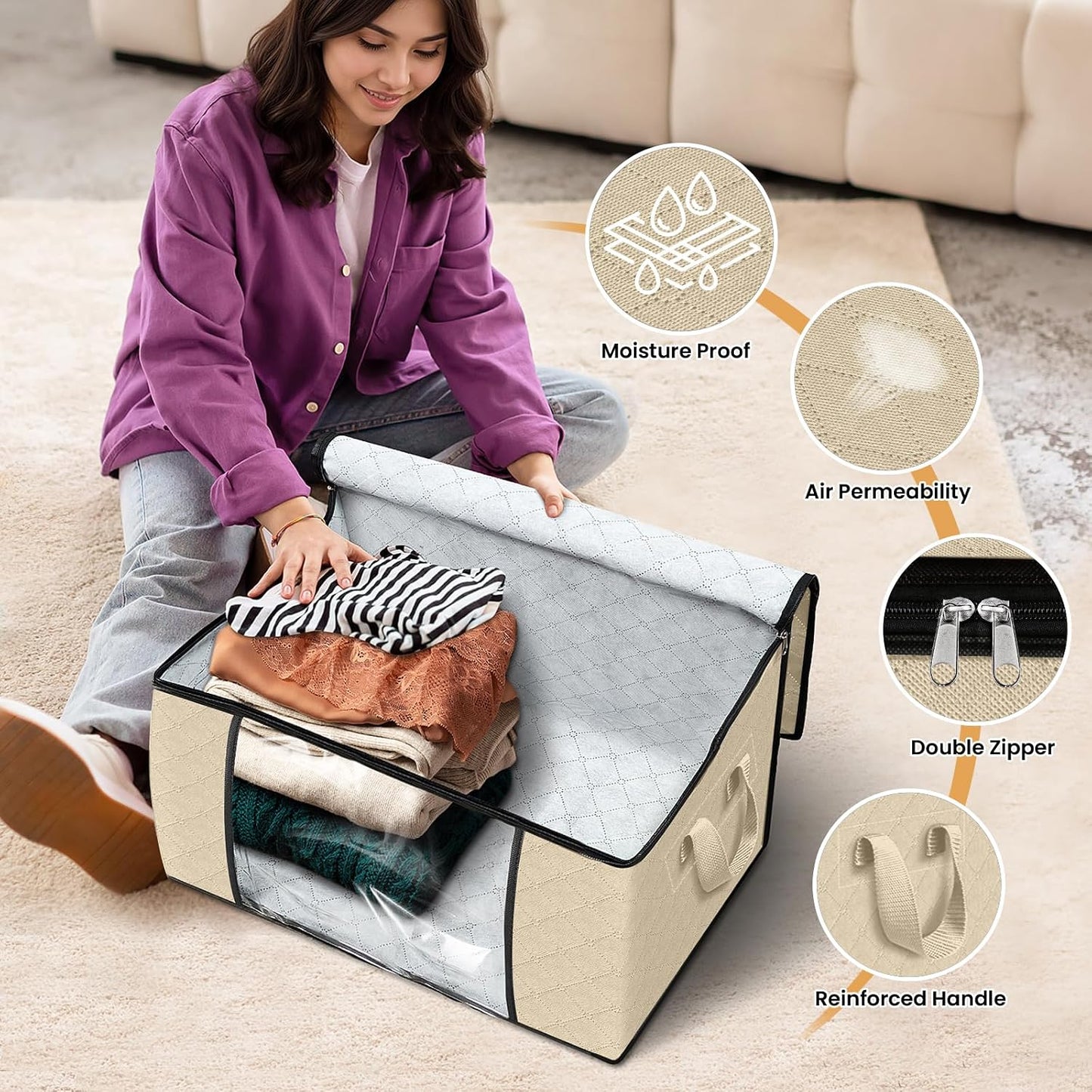 Fab totes 6 Pack Storage Bags for Clothes and Blanket, Foldable Closet Organizers and Storage with Zippers, Clear Window and Handles, Fabric Storage Bins for Sweater, Comforter, Bedding,Linen Sheets