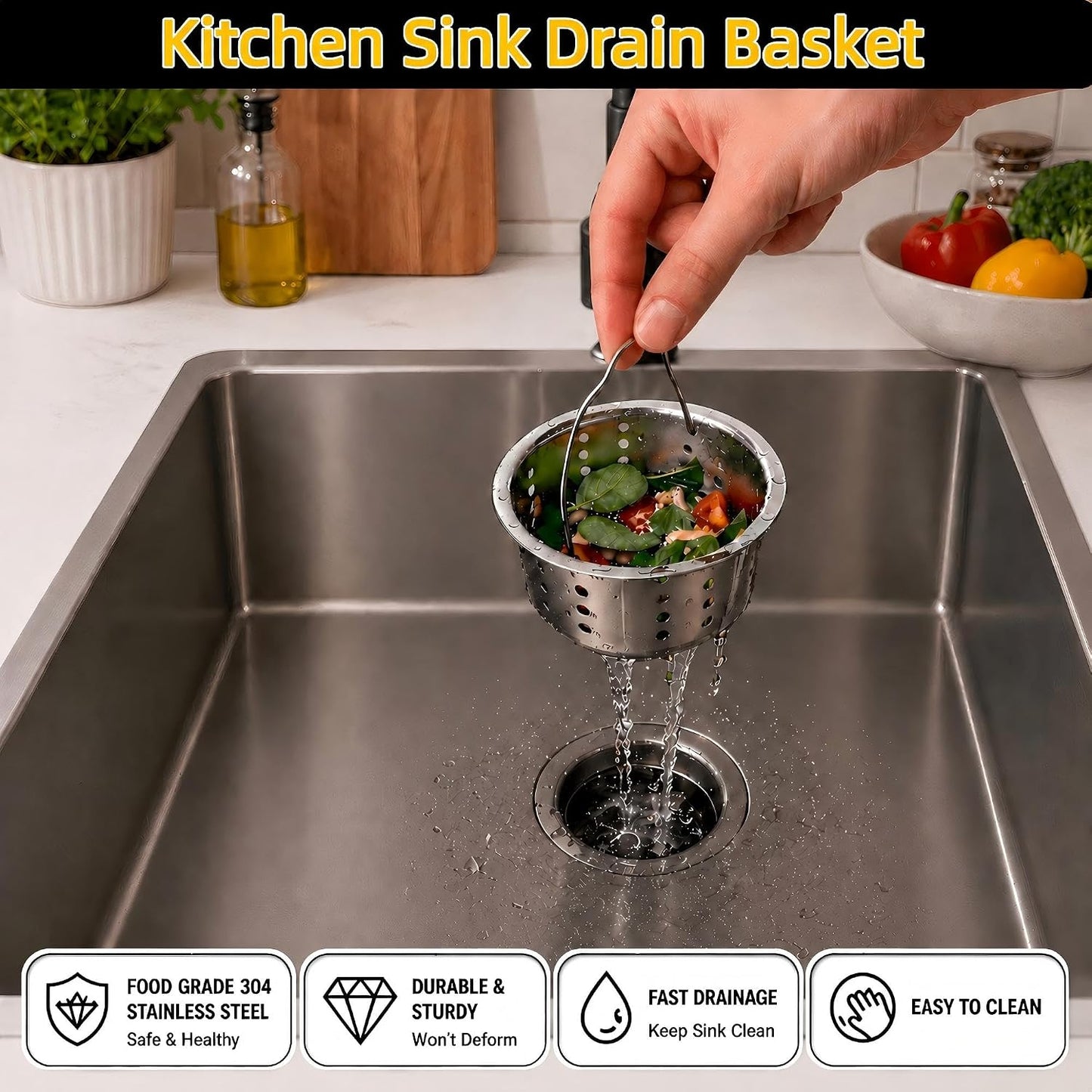 Kitchen Sink Drain Assembly Kit, 3-1/2 Inch Brushed 304 Stainless Steel Basket Strainer with Deep Removable Basket, Stopper & Cover Lid, Fits Standard Kitchen Sinks