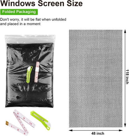 Ouskr Replacement Window Screens Kit, 48X118 Inch Durable Window Screen Mesh for Patio Porch Door Windows, DIY Adjustable Fiberglass Screen Repair Kit with Rolling Tool Hook Ruler Cutter Spline