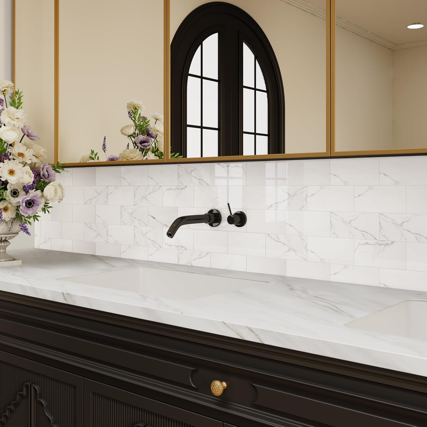 Colamo Luxury 10-Sheet Peel and Stick Backsplash,Self Adhesive Faux Stone 12”x12” White Subway Tile for Kitchen,Glossy Waterproof Carrara Brick Marble Look,Stick on Accent Wall for Bathroom,Bedroom