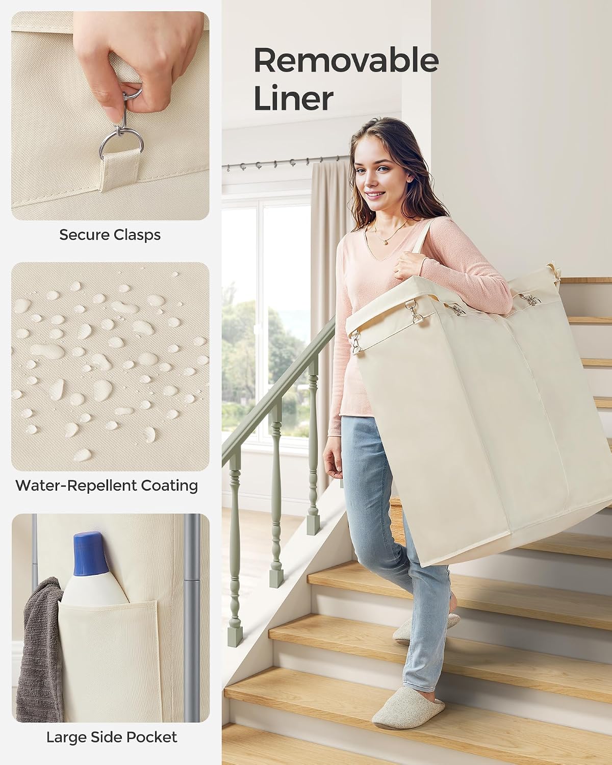 SONGMICS Laundry Basket with Wheels, 3-Section Rolling Laundry Hamper, 52.8 Gallons (200 L), Removable Liner, Steel Frame with Handle, 35.8 x 15.4 x 31.9 Inches, Cream White URLS005W01