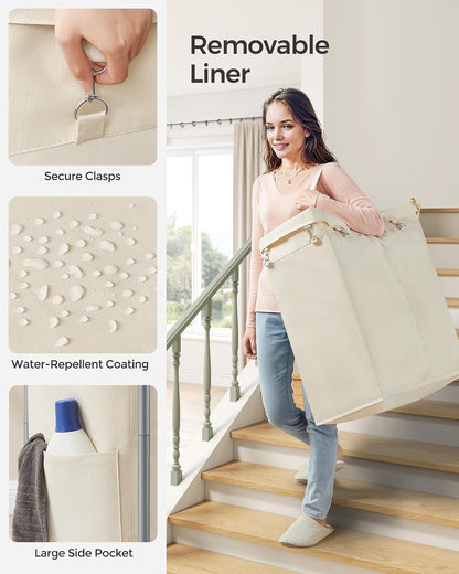 SONGMICS Laundry Basket with Wheels, 3-Section Rolling Laundry Hamper, 52.8 Gallons (200 L), Removable Liner, Steel Frame with Handle, 35.8 x 15.4 x 31.9 Inches, Cream White URLS005W01