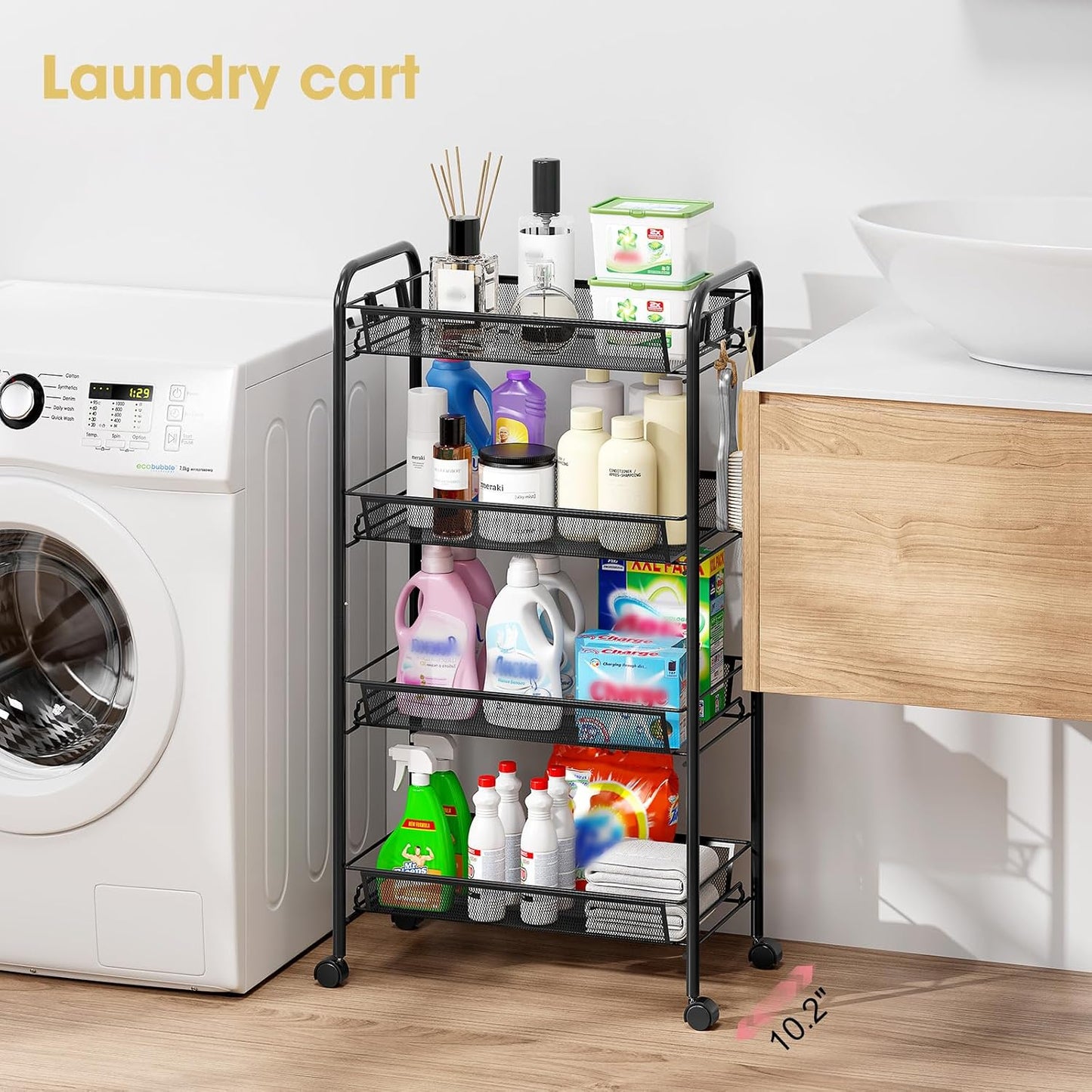 TOOLF 3-Tier Metal Rolling Cart, Mesh Wire Easy Assemble Utility Cart, Storage Trolley on Wheels with 3 Hooks, MetalStorage Shelving Units for Kitchen Bathroom Laundry Room