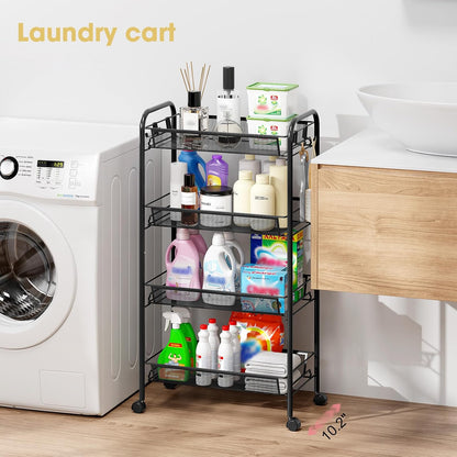 TOOLF 3-Tier Metal Rolling Cart, Mesh Wire Easy Assemble Utility Cart, Storage Trolley on Wheels with 3 Hooks, MetalStorage Shelving Units for Kitchen Bathroom Laundry Room
