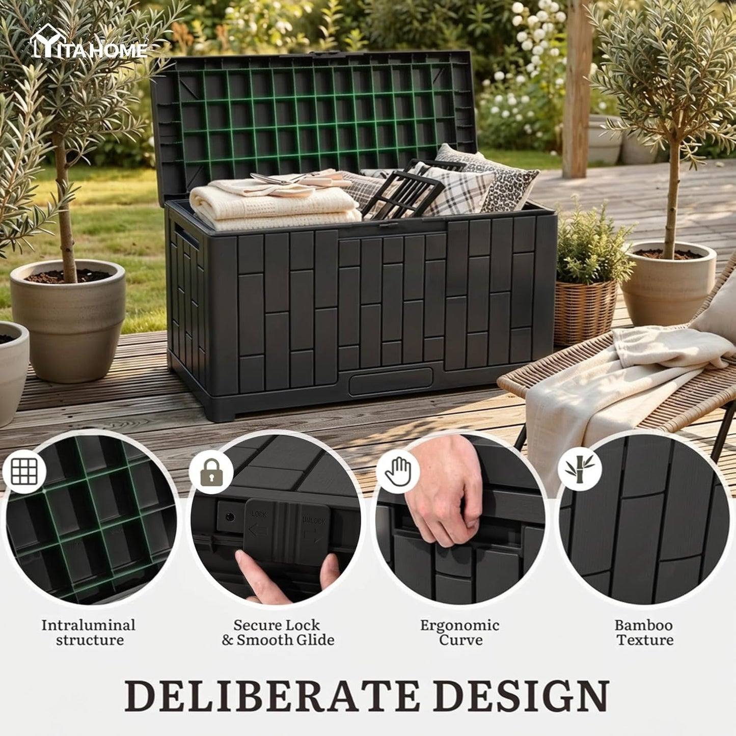 YITAHOME 100 Gallon Large Outdoor Deck Box | Waterproof Resin Storage Box, Lockable Indoor Outdoor Storage Container for Patio Furniture Cushions, Pool Accessories