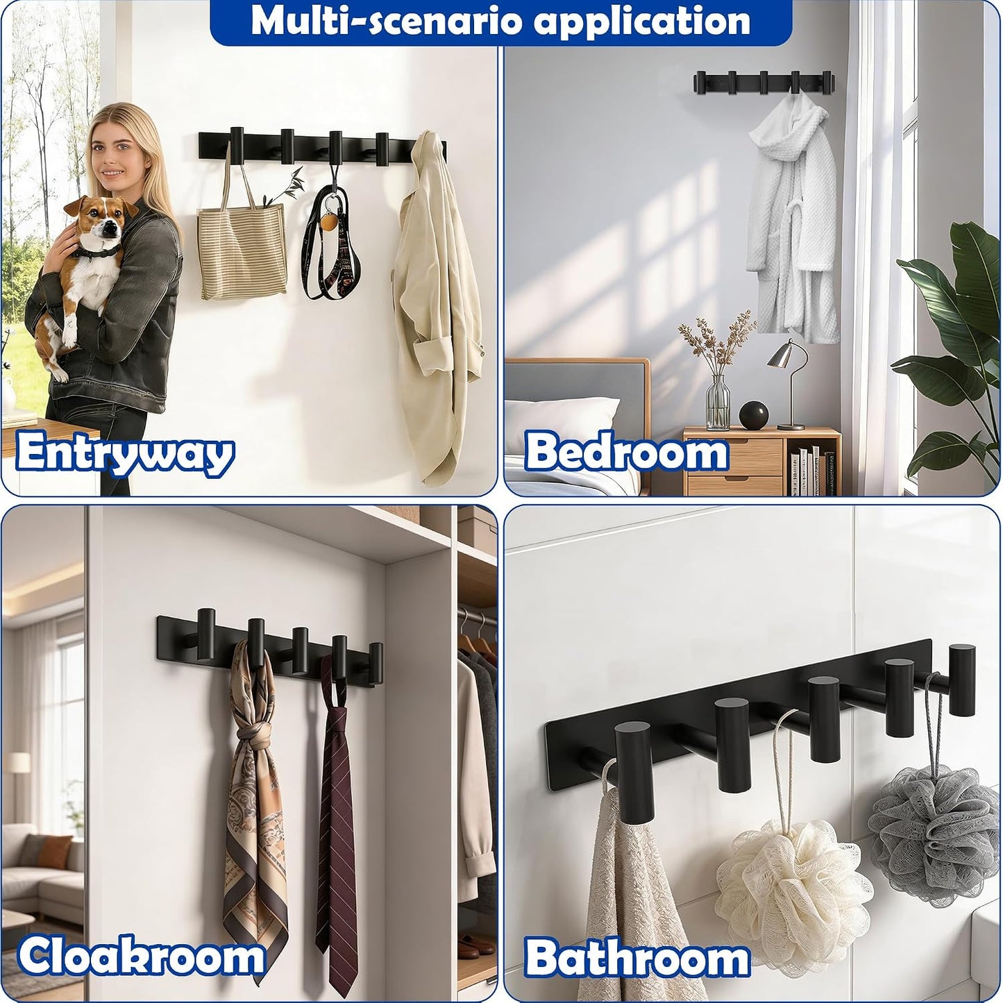 Matte Black Coat Rack Wall Mount - 6 Hooks, Heavy Duty Stainless Steel Wall Hooks for Towels, Coats, Robes, Bags, Hats, Keys, Wall Coat Hanger for Bathroom, Entryway, Kitchen, Hotel, Bedroom, Office