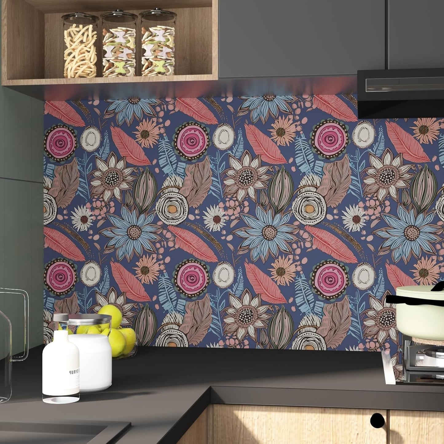 Blue Wallpaper Peel and Stick,Vintage Boho Floral Contact Paper 17.5" x 118", Retro Botanical Flower Wall Paper Self Adhesive Removable Waterproof for Walls Shelves Cabinet Table (Blue,Yellow, Green)