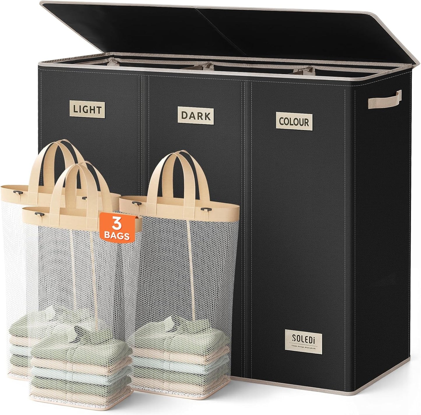 SOLEDI 180L Laundry Hamper 3 Section, Extra Large Laundry Hamper with Lid, Dirty Clothes Hamper with Sturdy Handle, Large Laundry Basket Organizer for Laundry Room, Bedroom, Hampers for Laundry