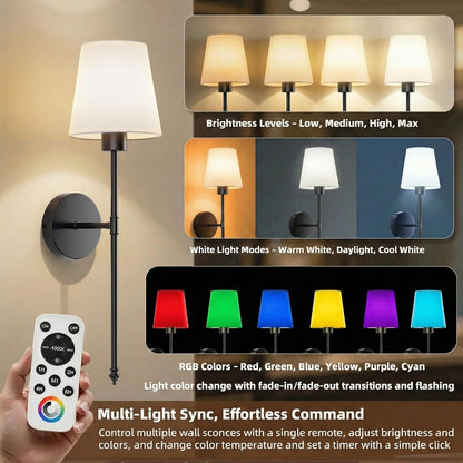 IRONPAX Wall Sconces Battery Operated Set of 2, Wireless Rechargeable Wall Sconce Set of Two, Dimmable Wall Lights with Remote for Bedroom Living Room Hallway Decor (Gold, Fabric Shade)