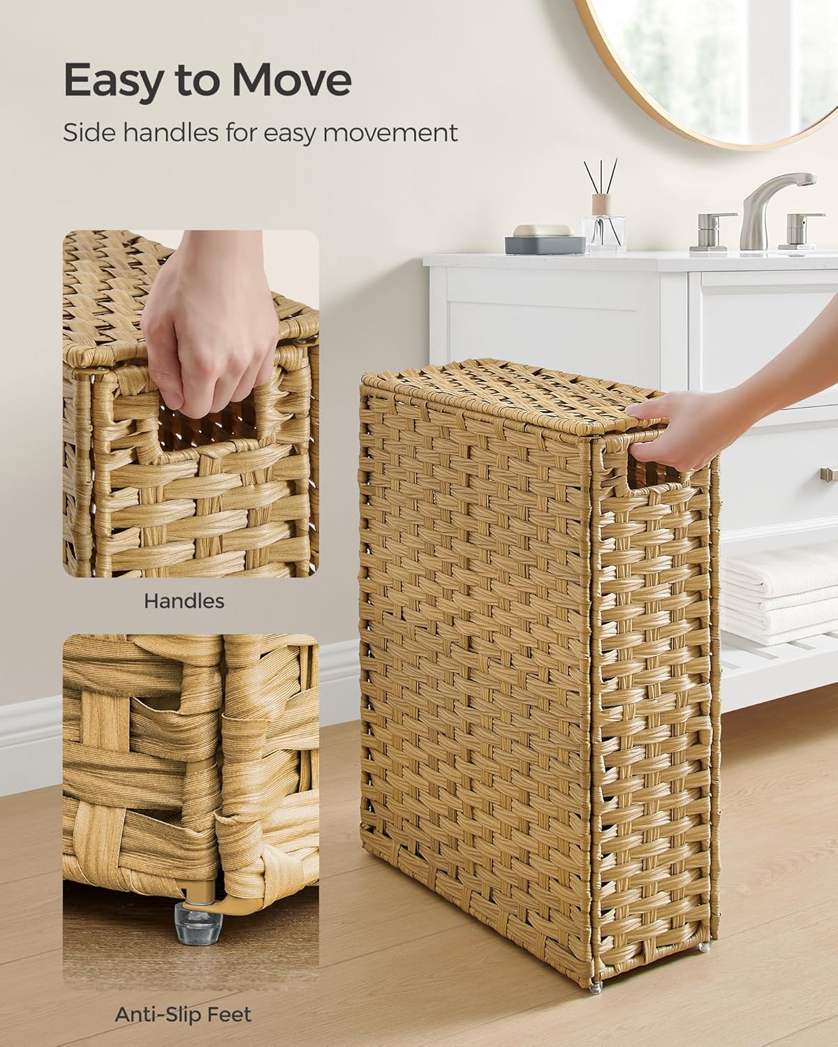 SONGMICS Laundry Hamper with Lid, 23.8 Gallon (90 L) Synthetic Rattan Clothes Laundry Basket with Lid and Handles, Foldable, Removable Liner, Chestnut Brown ULCB051K02