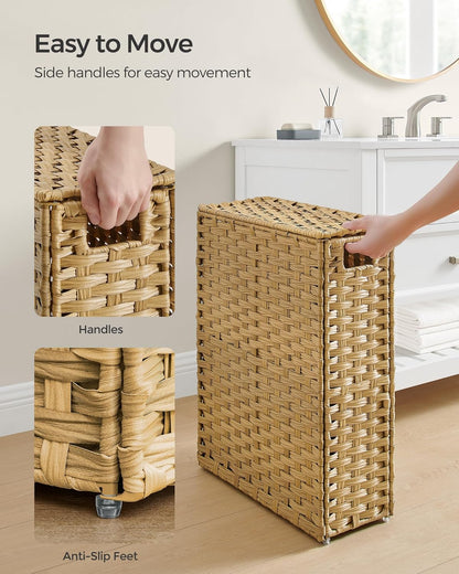 SONGMICS Laundry Hamper with Lid, 23.8 Gallon (90 L) Synthetic Rattan Clothes Laundry Basket with Lid and Handles, Foldable, Removable Liner, Chestnut Brown ULCB051K02