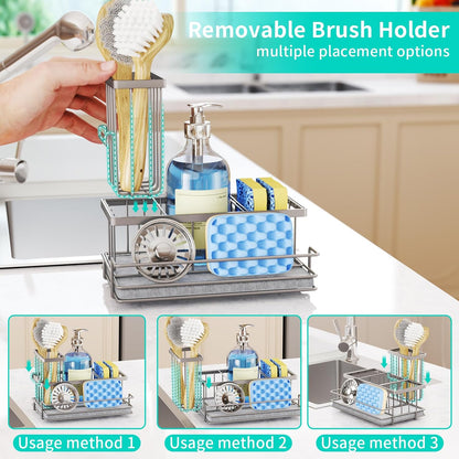 HapiRm Sink Caddy Sponge Holder - Kitchen Sink Organizer with Instant Drying Stone and Brush Holder, Stainless Steel Sponge Caddy for Kitchen Countertop - Black