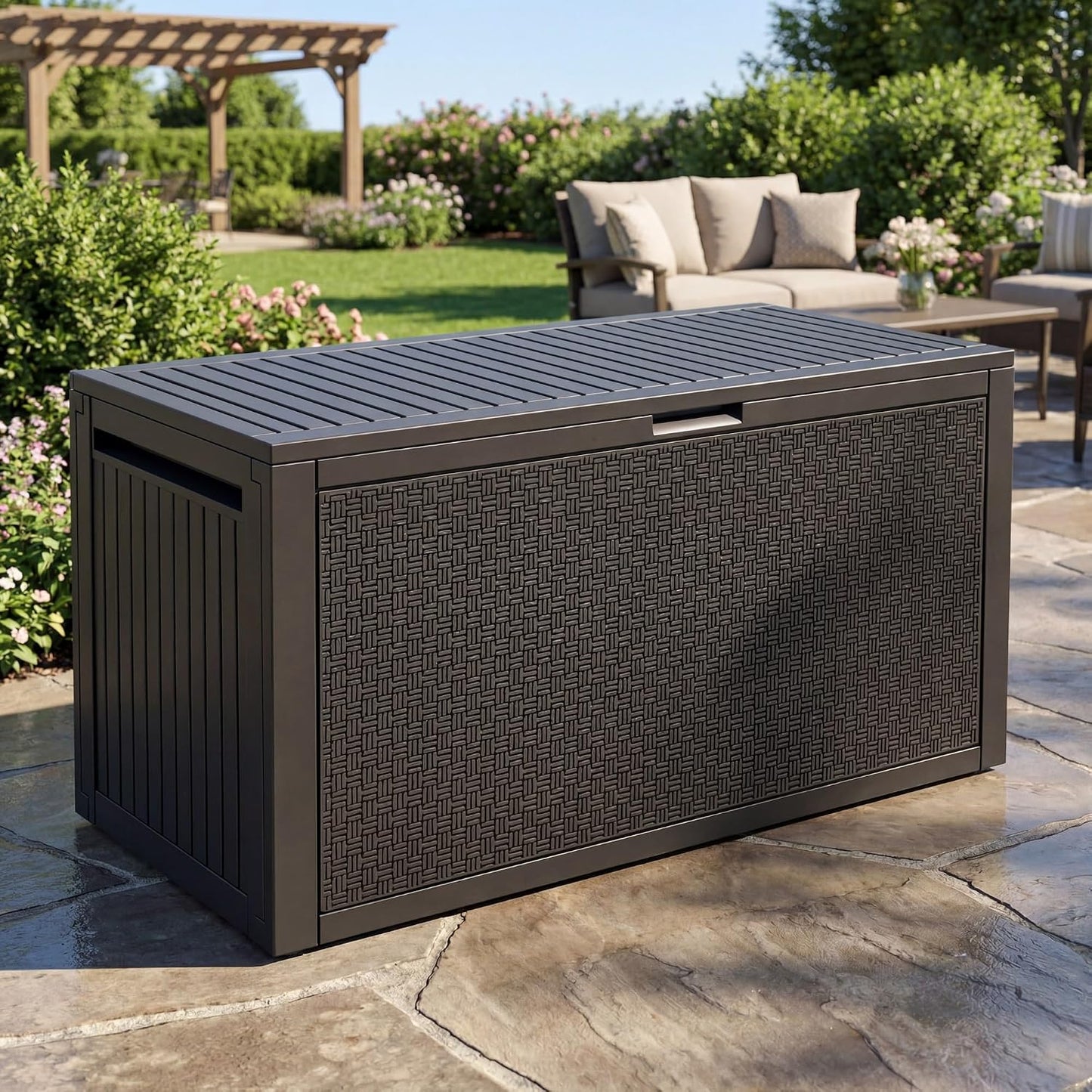YITAHOME 95 Gallon Outdoor Storage Deck Box | Waterproof Resin Deck Box w/Handles, Lockable Outdside Deck Box for Patio Furniture, Garden Tools, Lockable & UV