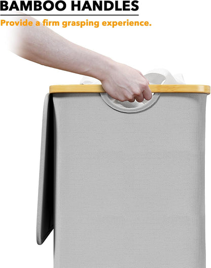 SpaceAid Double Laundry Hamper 2 Section with Lid and Removable Laundry Bags, 160L Clothes Basket with Bamboo Handles, Large Collapsible Hamper for Bedroom, Bathroom, Dorm, Laundry Room - White