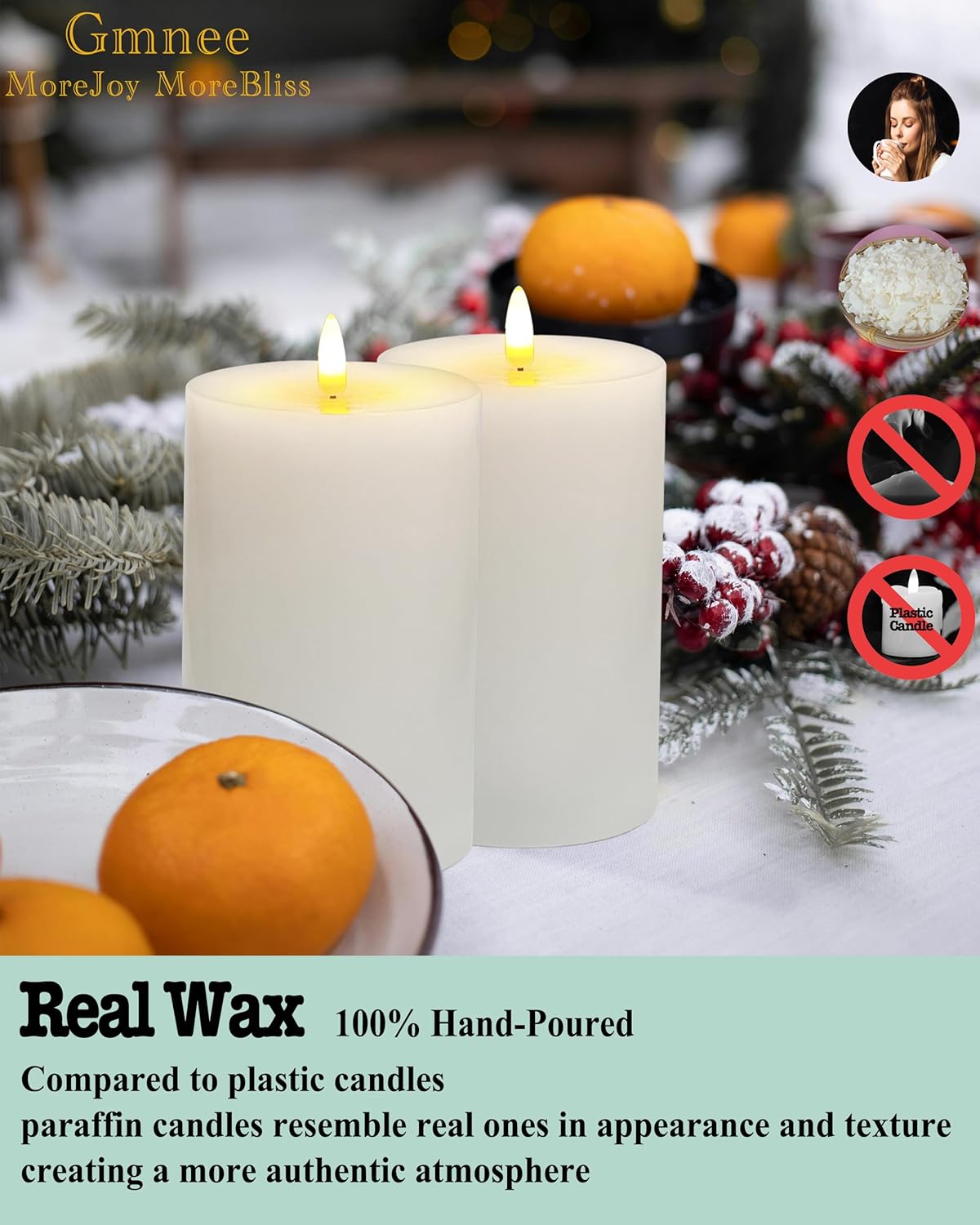 Gmnee 3"x4" Flickering Flameless Candles with Remote Timer, 3" Diameter White Pillar, Real Wax, Set of 2 Large Battery Operated LED Candles for Table and Fireplace Decor (H 4")