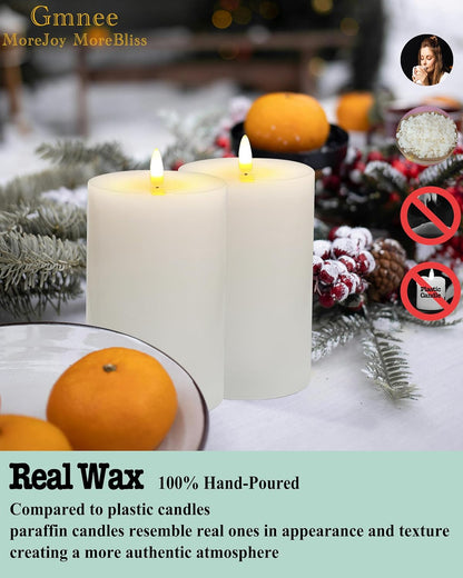 Gmnee 3"x4" Flickering Flameless Candles with Remote Timer, 3" Diameter White Pillar, Real Wax, Set of 2 Large Battery Operated LED Candles for Table and Fireplace Decor (H 4")