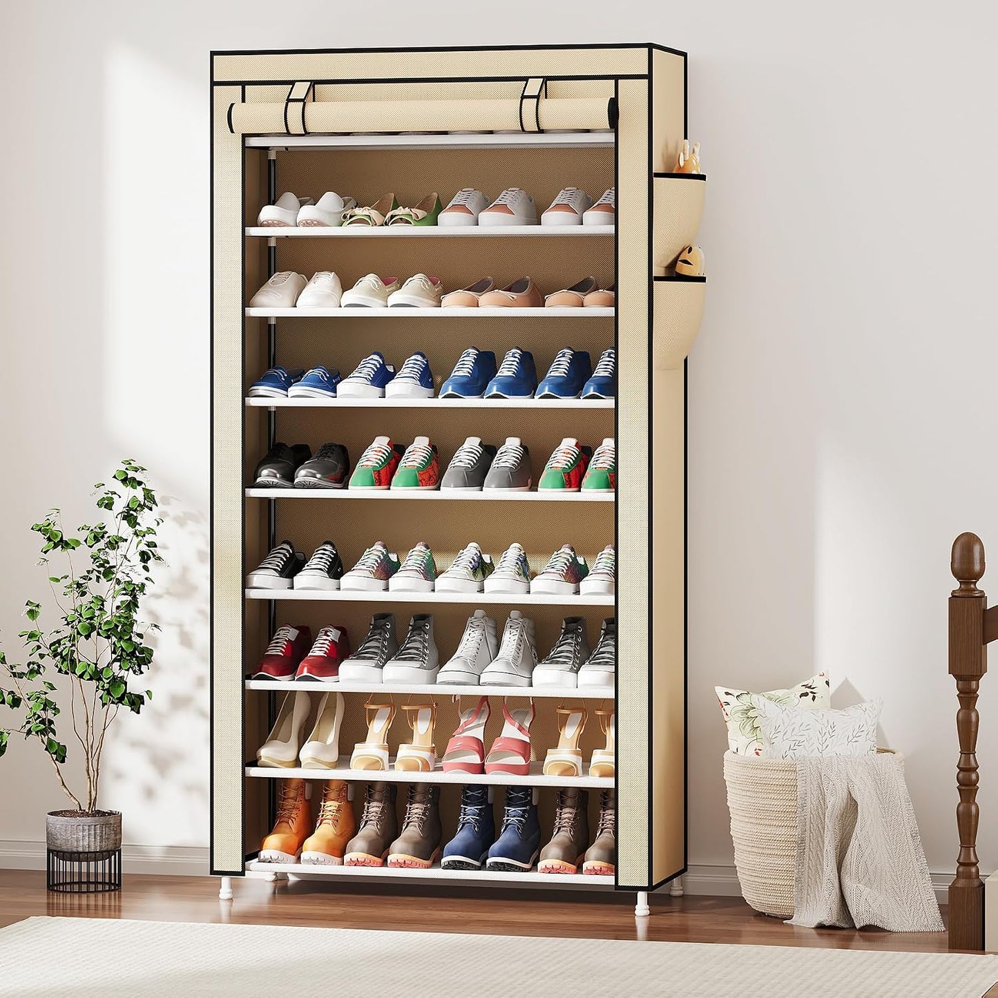 Laiensia 9-Tier Vertical Shoe Rack Organizer, Space Saving Shoe Storage Organizer, Non-Woven Cover Shoe Shelf Holds 36-45 Pairs for Bedroom, Hallway, Closet Entryway, Black