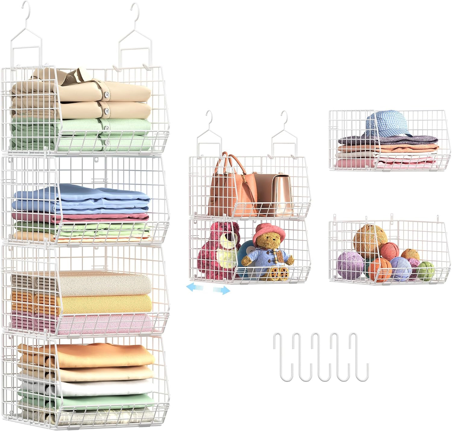 8-Tier Extended Depth Hanging Closet Organizers and Storage for Closet System, Stackable Closet Shelves with 4 Adjustable Dividers for Clothes Sweaters Purses, Wire Hanging Basket Fits Closet Laundry
