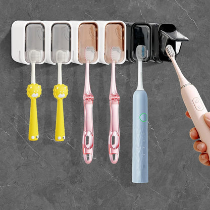 6 PCS Toothbrush Holders Wall Mounted with Cover, Upgrade Single Slot Tooth Brush Holder for Bathroom, Self Adhesive Toothbrush Dispenser Storage Organizer for Shower, Family and Travel