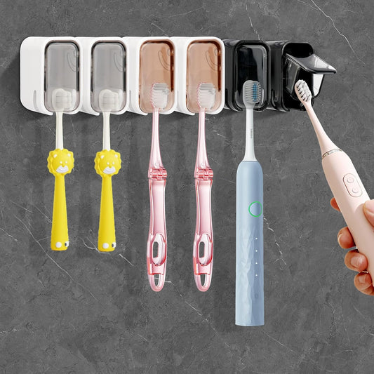 6 PCS Toothbrush Holders Wall Mounted with Cover, Upgrade Single Slot Tooth Brush Holder for Bathroom, Self Adhesive Toothbrush Dispenser Storage Organizer for Shower, Family and Travel