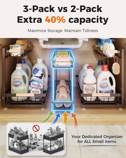 Sevenblue 3 Pack Under Sink Organizer, Height Adjustable 2 Tier Pull-Out Metal Under Kitchen Sink Organizer, Multi-Purpose Storage Shelves for Kitchen Bathroom Cabinet, White