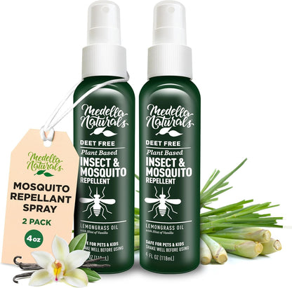 Deet-Free Insect & Mosquito Repellent – Nice Smelling, Pack of 2 (4 oz) | Insect Repellent with Lemongrass Oil Safe for Pets and Kids – Bug Spray Against Mosquitoes, Gnats, Black Flies, and No-See-um
