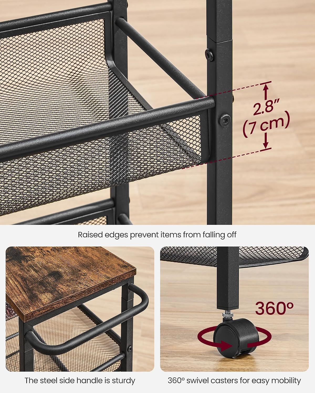VASAGLE Slim Rolling Cart, 4-Tier Narrow Storage Cart with Handle, 5.1 Inches Deep, Metal Frame, for Kitchen, Dining Room, Living Room, Home Office, Rustic Brown and Classic Black ULRC032B01V1