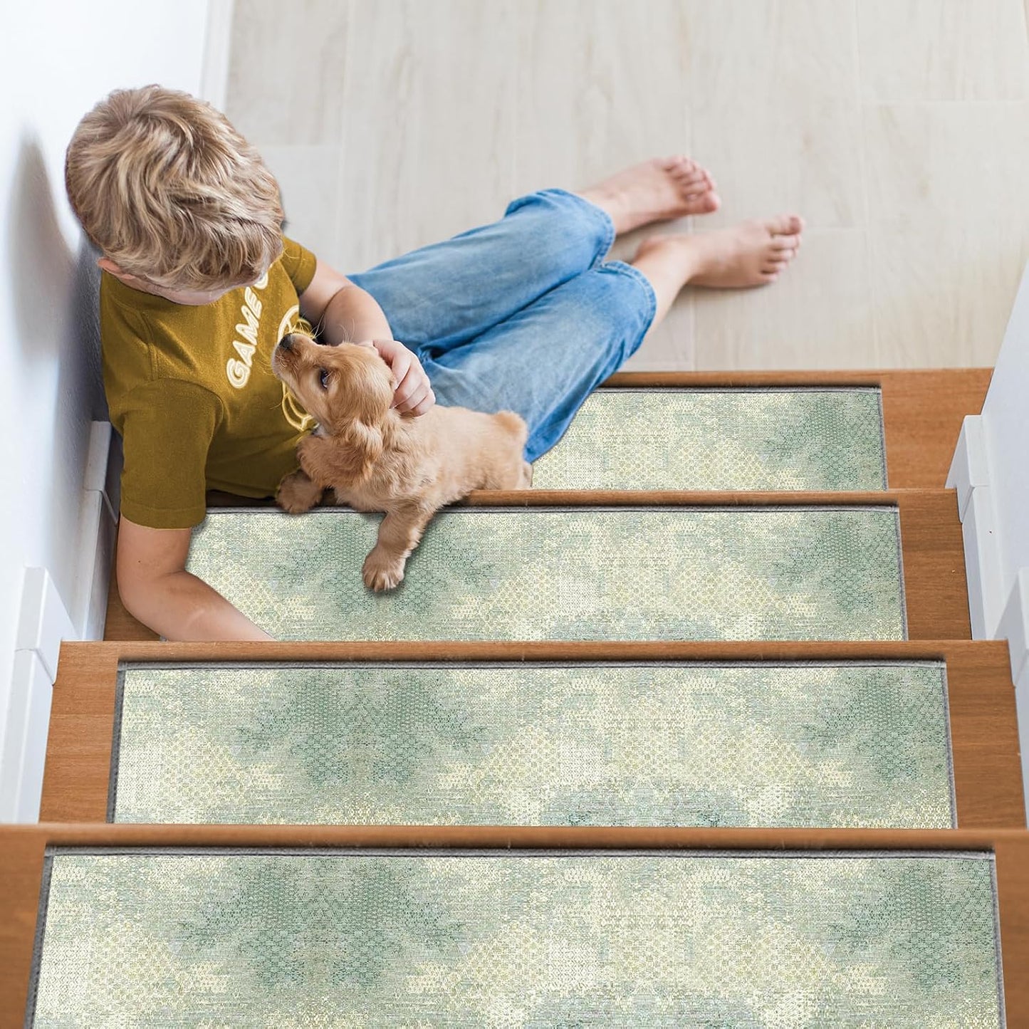 Non Slip Stair Treads for Wooden Steps, 15 Pack 8"x30" Washable Carpet | 8x30 in soft chenille polyester stair treads with reusable TPE backing for indoor wood stairs, dogs, kids, and seniors