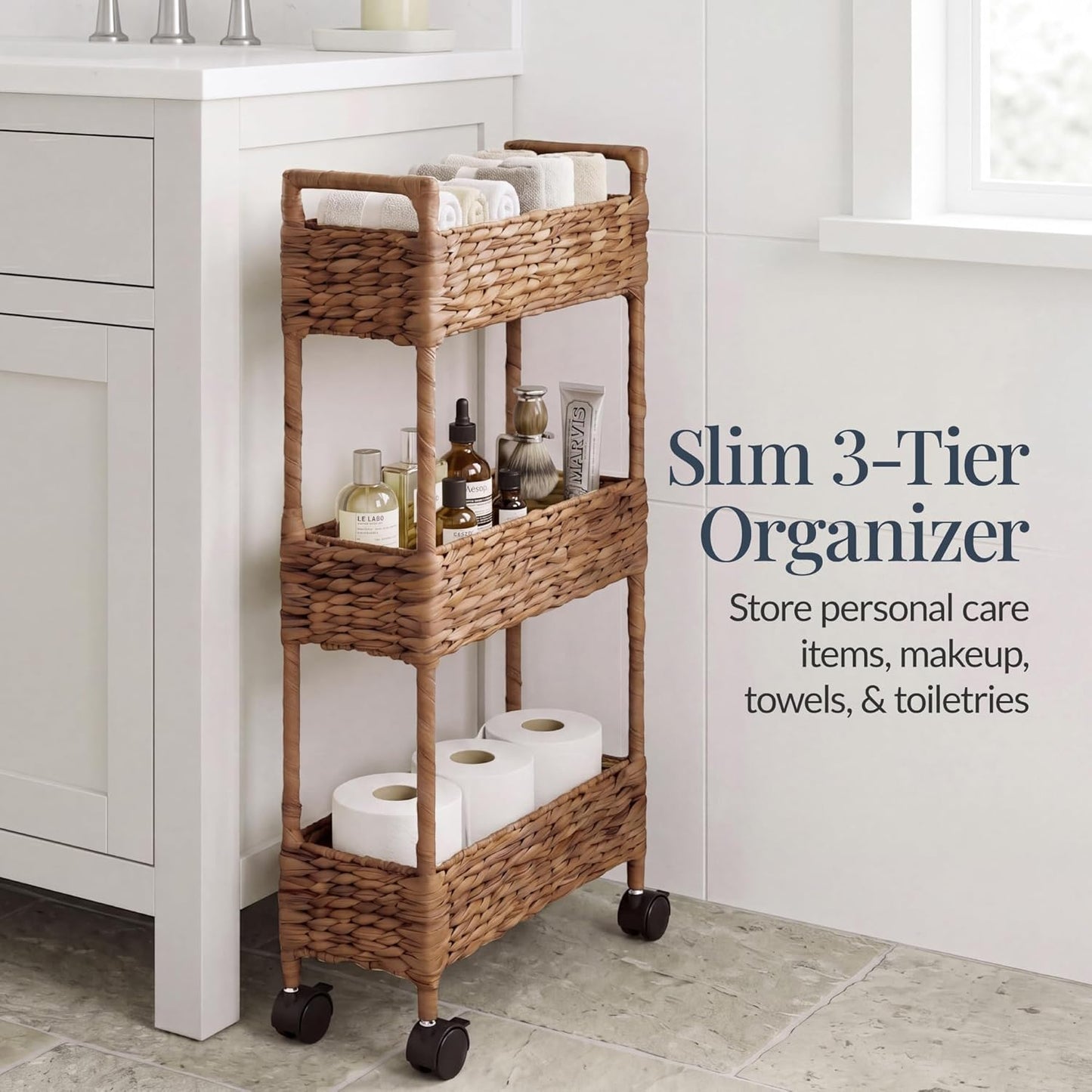 Best Choice Products 3-Tier Slim Water Hyacinth Rolling Nursery Caddy w/Wheels, Handwoven Utility Cart, Narrow Storage Organization for Bathroom, Craft Room, Laundry Room - Natural