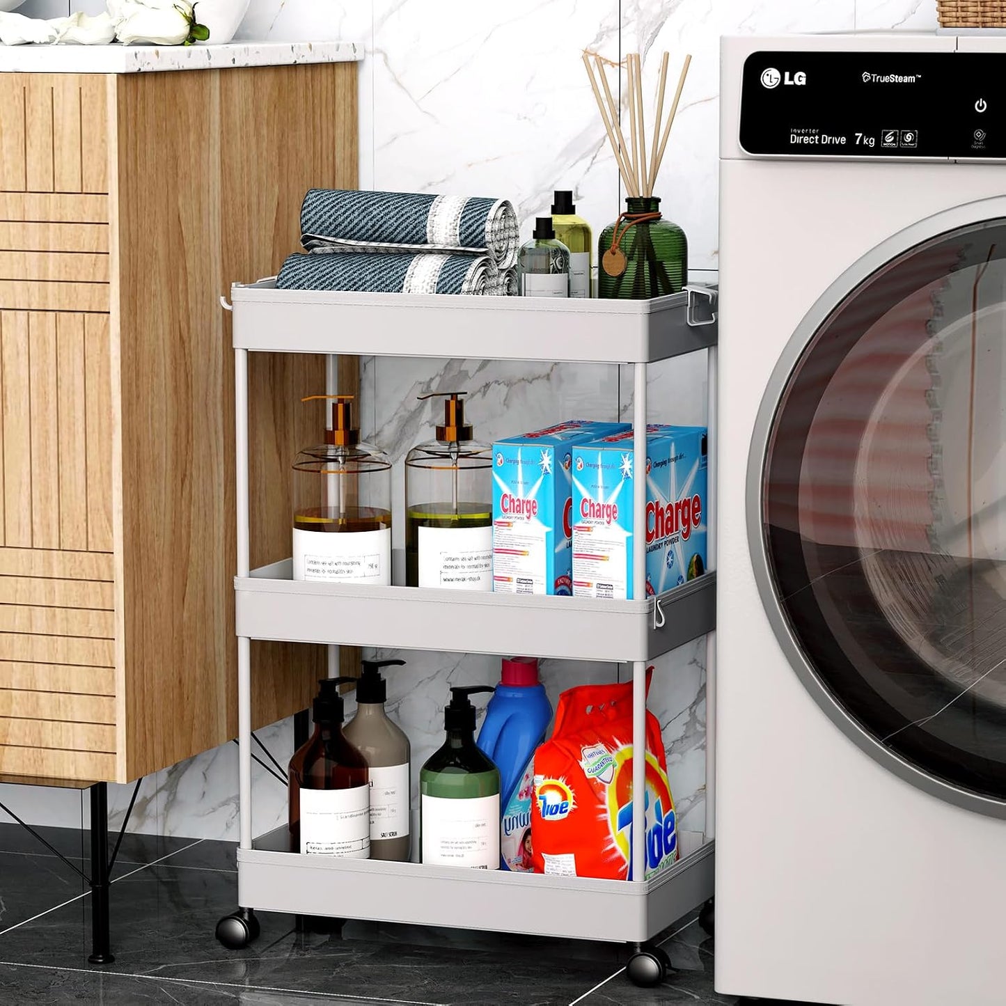 SPACEKEEPER 5-Tier Rolling Cart, Bathroom Storage Organizer Utility Cart, Mobile Shelving Unit Slide Out Shelves for Kitchen Living Room Laundry Room & Dressers, Black