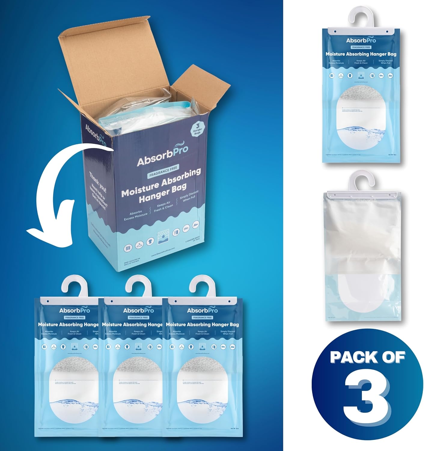 Absorb Pro - Moisture Absorber Tub with Activated Charcoal - 3-Pack - 18 oz Disposable Odor Eliminator Box & Dehumidifier for Garage, Home, Kitchen, Bedroom, Bathroom, Closet, Cars, and Boats