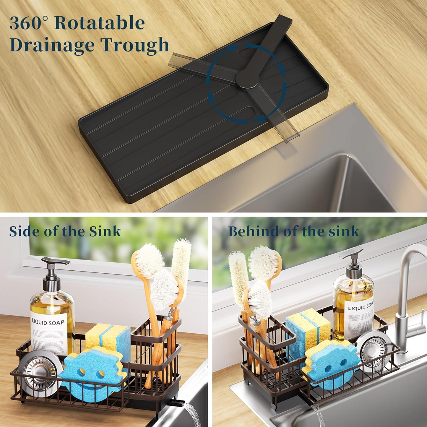 Consumest Sponge Holder for Kitchen Sink - Auto Draining Sink Caddy Organizer with Detachable Rack, High Brush Holder, Kitchen Countertop Storage Accessories, Black