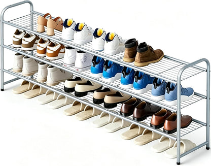 KEETDY 3-Tier Long Shoe Rack for Closet Metal Shoe Organizer for Entryway, Wide Stackable Shoe Storage Shelf with Sturdy Wire Grid for Closet Floor, Bedroom, Black