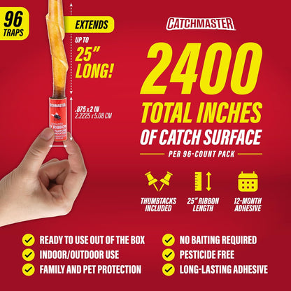 Catchmaster Fly Ribbon 20-Pack, Bug & Fly Traps Outdoor and Indoor, Premium Adhesive Sticky Strips & Gnat Hanging Strips, Bulk Flying Insect Paper Rolls, Pesticide-Free Home Pest Control