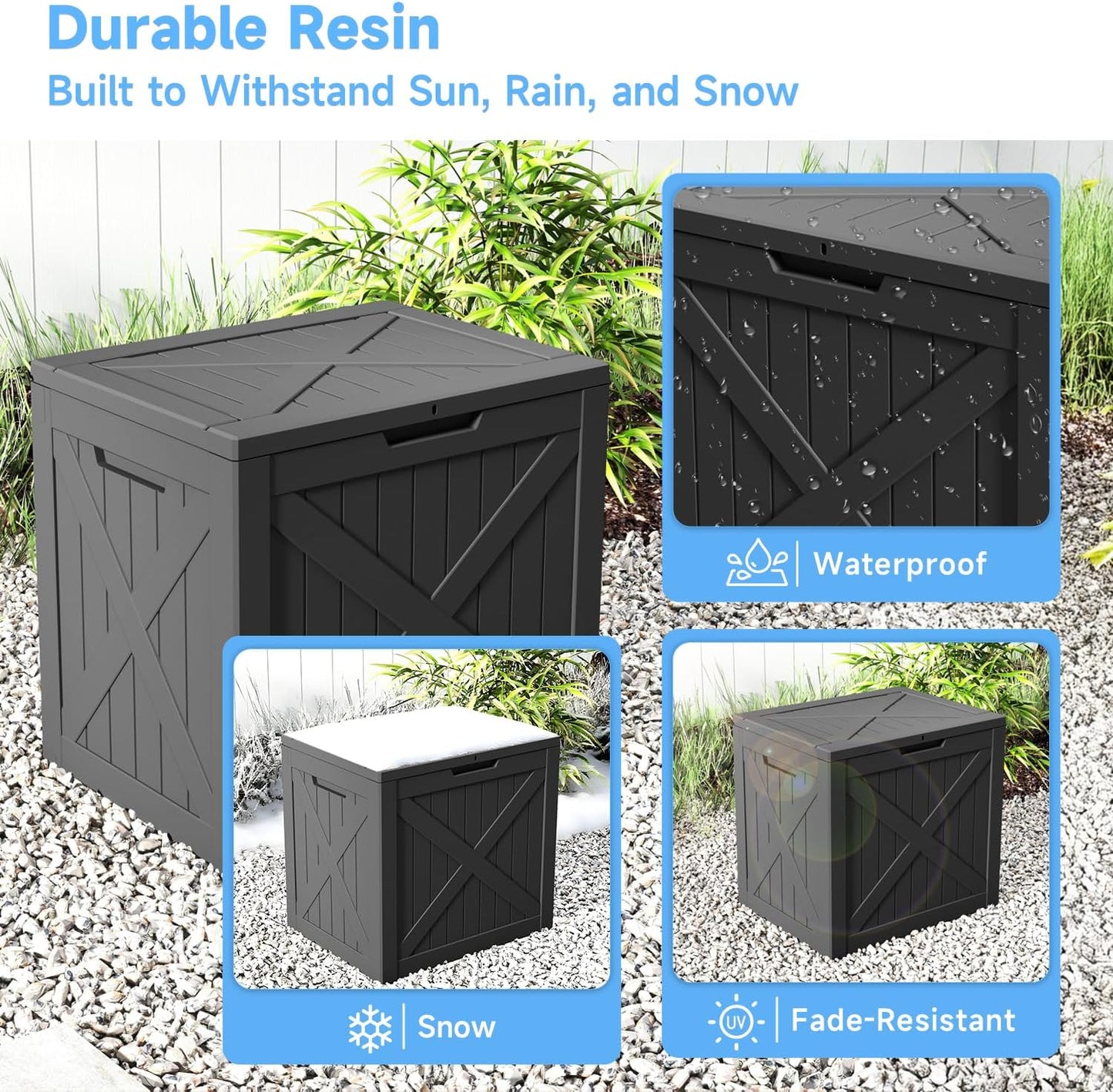 EasyUp 33 Gallon Resin Deck Box Waterproof, UV Resistant Outdoor Storage Box for Delivery, Porch, Patio and Garden, Stripe Black