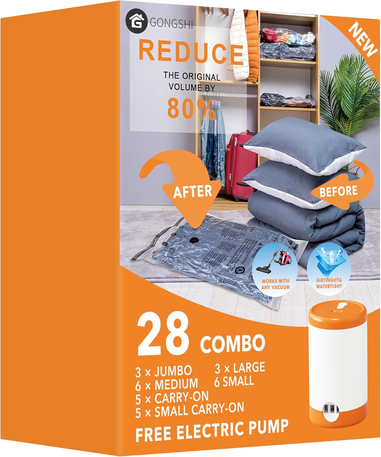 GONGSHI Vacuum Seal Bags for Clothing Travel & Home Storage, Travel Vacuum Bags with Pump,Space Saver for Blankets, Comforters, Pillows, Clothes,24 Combo with Electric Pump