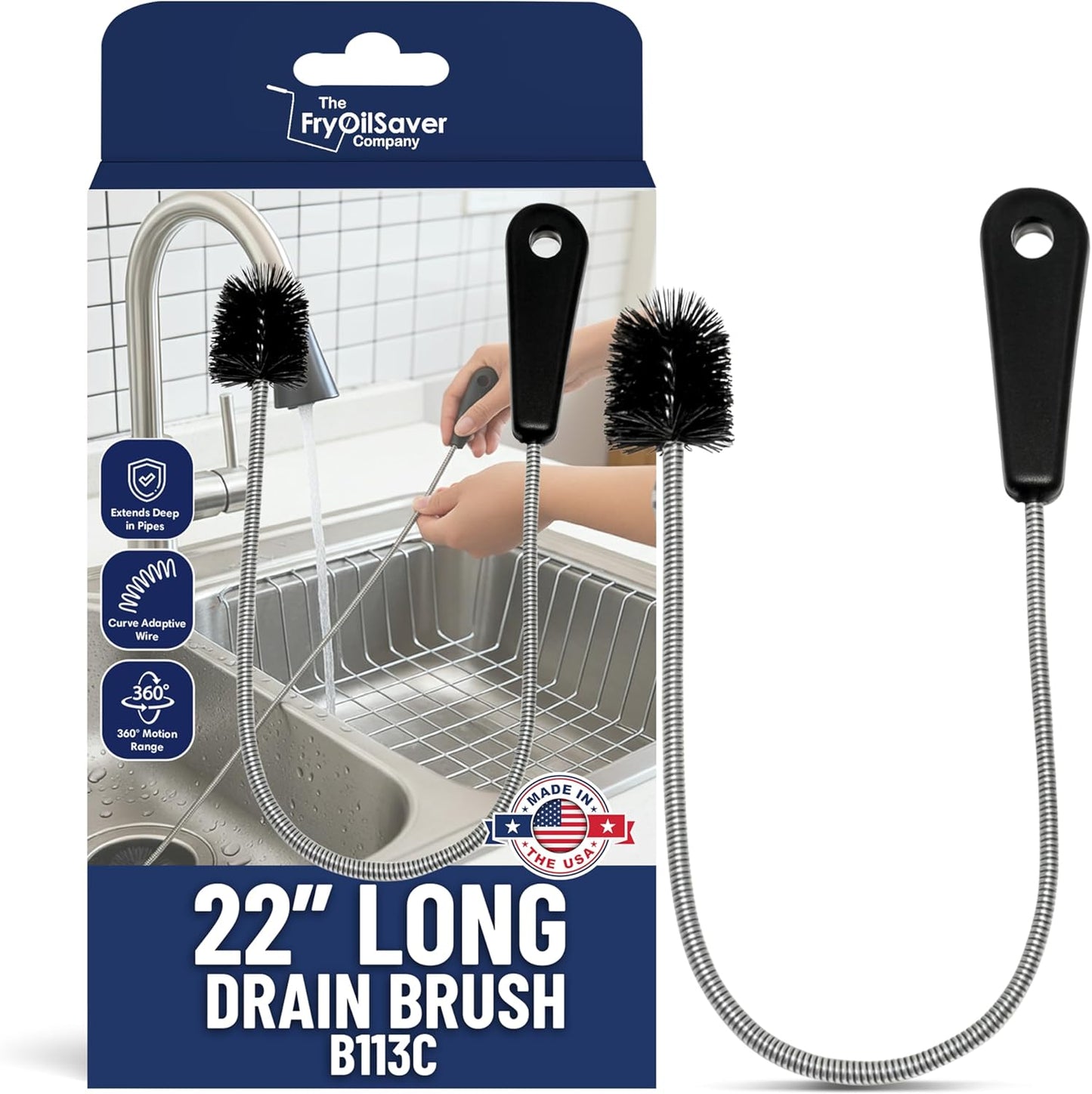 48" Flexible Tube Brush – Long Pipe Snake for Sink - AC Condensate Line Cleaning - Flexible Pipe Cleaner Brush for Hair, Food & Clog Removal - Cleaner Tool – B313C by FryOilSaver Co.